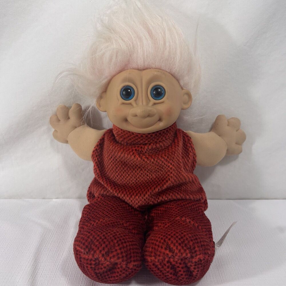 Russ Berrie Troll Kidz - Plush Doll - Blue Eyes - Maroon Velveteen Outfit - VTG